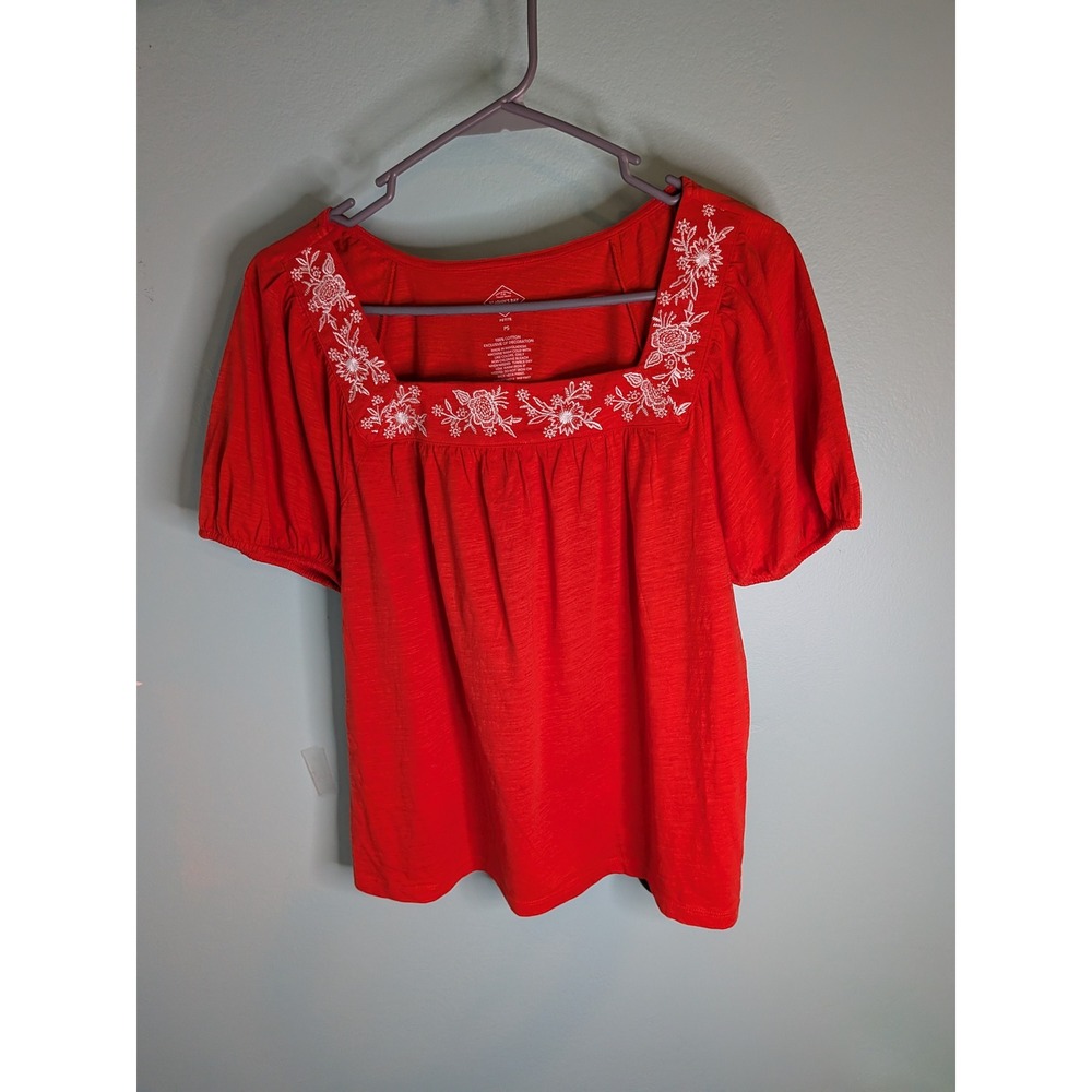 St‎ Johns Bay Womens Red Floral Embroidered Square Neck Puff Sleeve Top Petite S